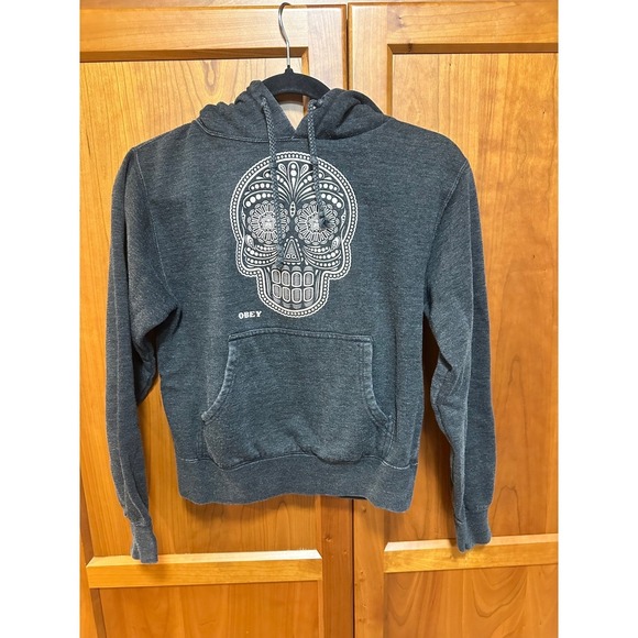 Obey Tops - Obey Womens Sugar Skull Hoodie Charcoal Gray Heather Graphic Sweatshirt Small